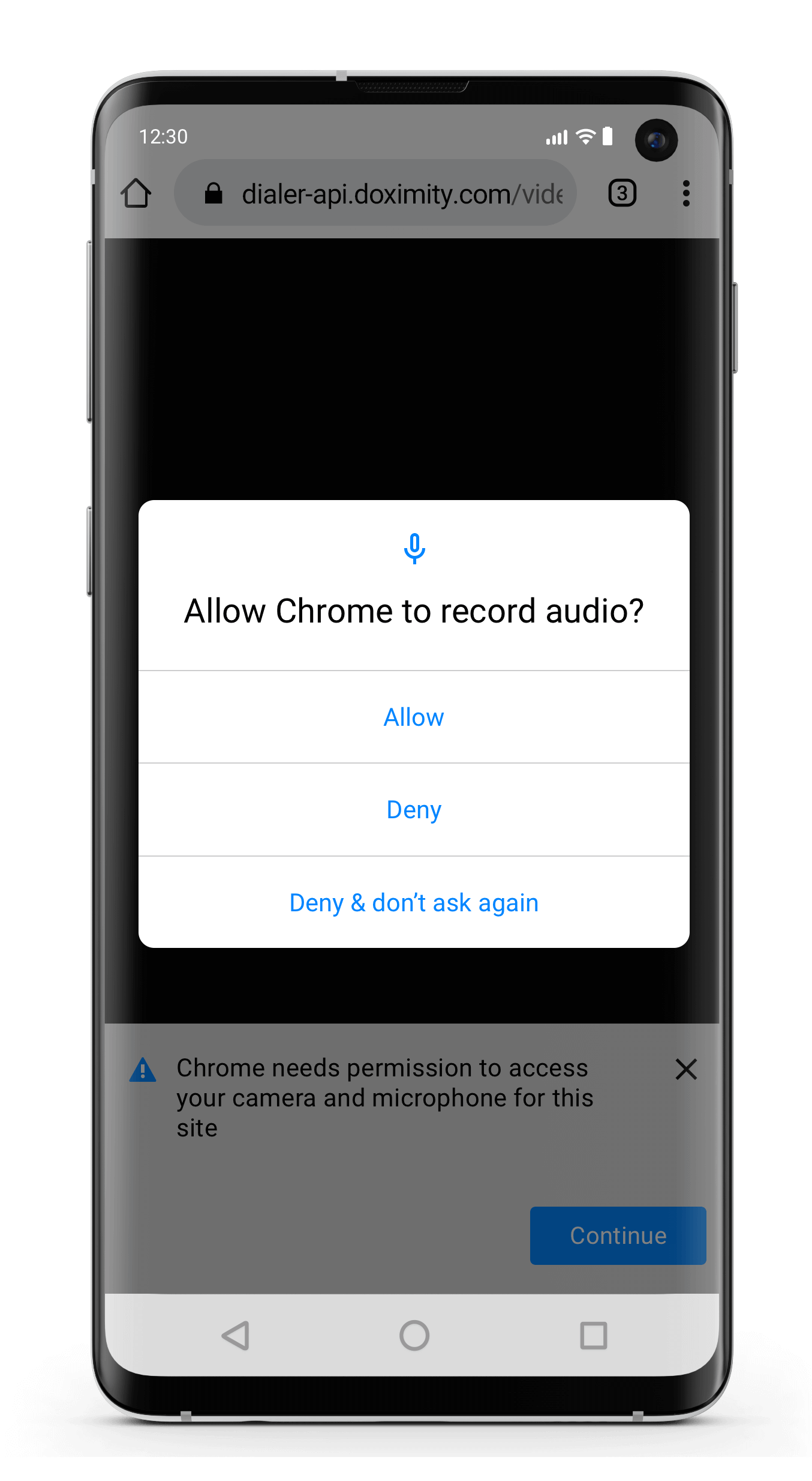 Browser request for access to an Android smartphone microphone and camera.